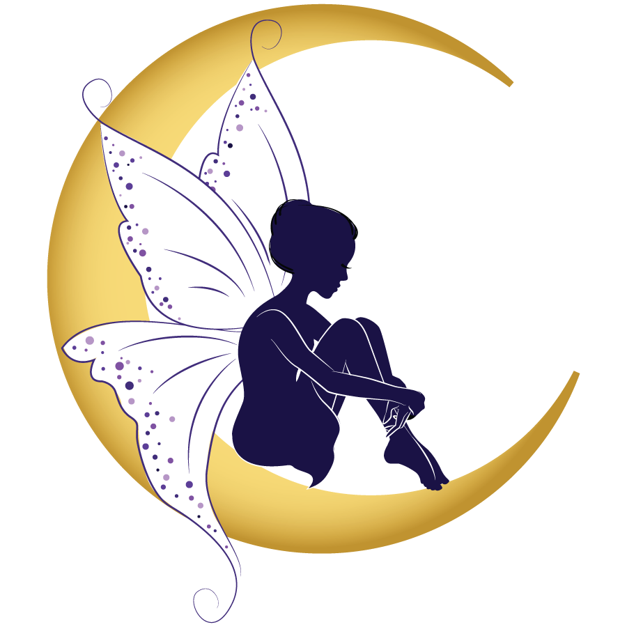 Silhouette of a fairy with white and purple wings sitting on a golden crescent moon, representing reflection, intuition, and the magic of Life Majick."