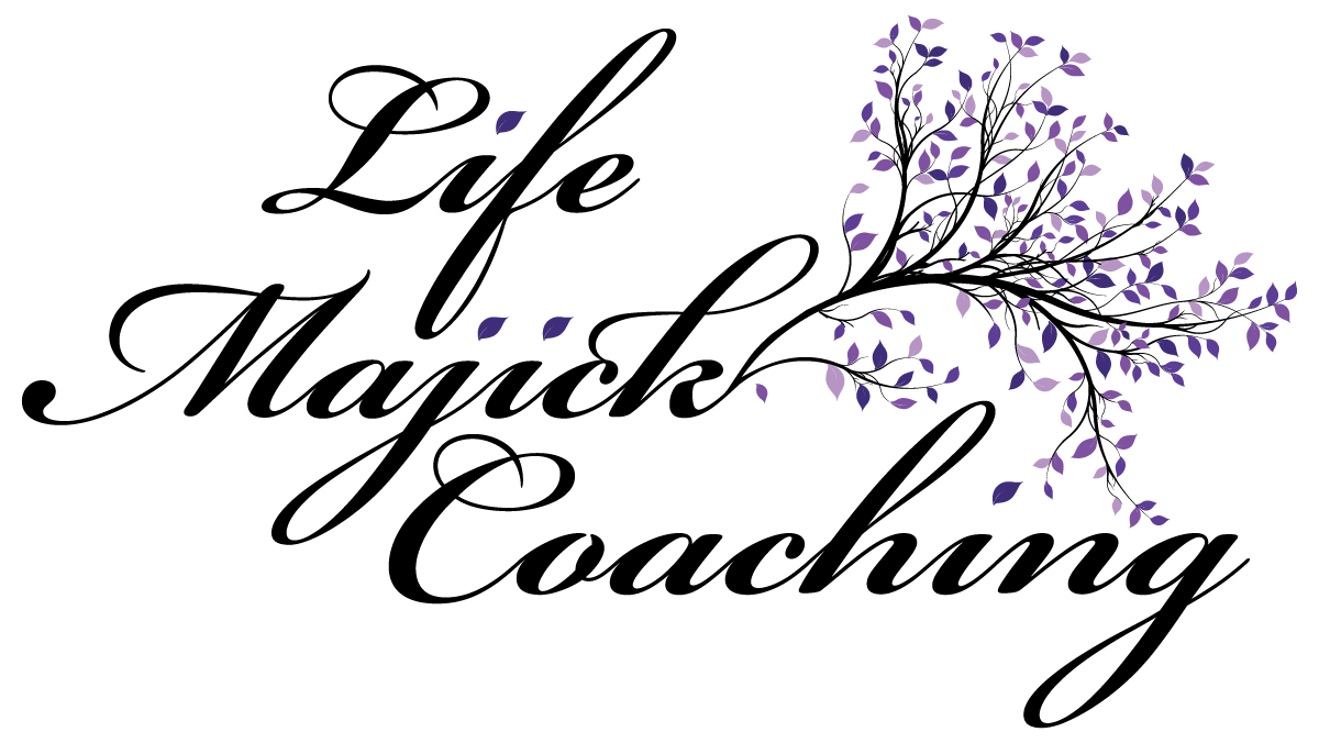 Life Majick Coaching logo with flowing script and a scattering of purple leaves forming a tree, representing spiritual growth, transformation, and alignment.