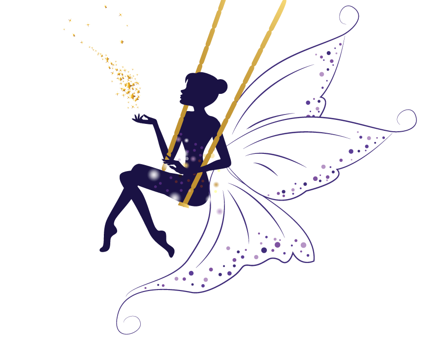 Silhouette of a fairy with white and purple wings sitting on a golden swing, sprinkling magical golden sparkles, symbolizing joy, creativity, and transformation in the Life Majick brand.