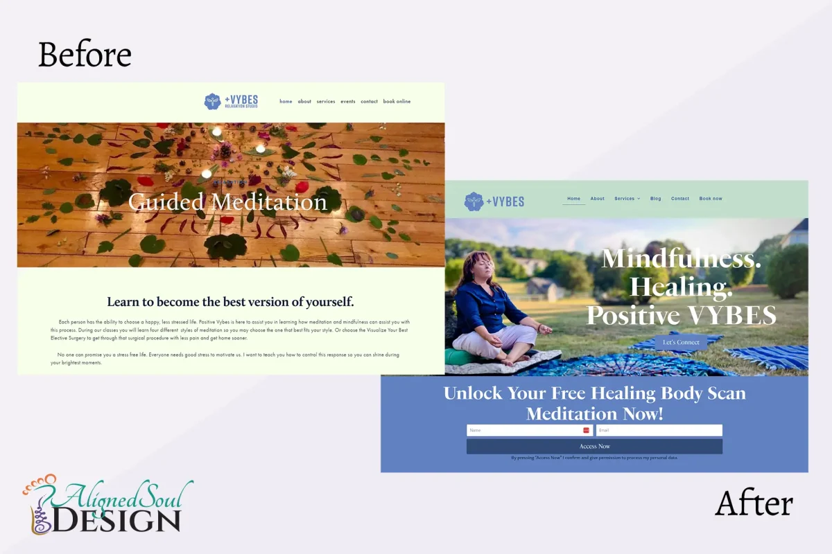 Positive Vybes Website Redesign Before and After image