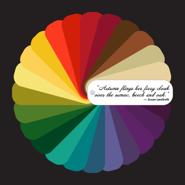 Color wheel graphic with examples of autumn colors and a quote from Susan Landroth “Autumn flings her fiery cloak over the sumac, beech and oak.”.