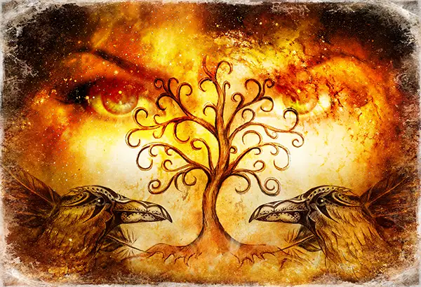 Eyes of a woman with tree of life graphic and two ravens overlaid in front of the image