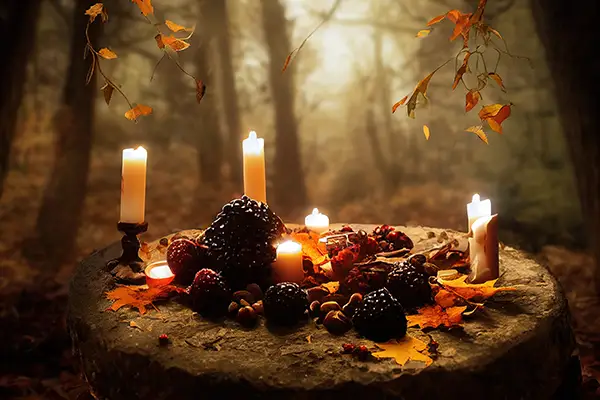 Mabon celebration in the forest with fruit, candles, and leaves sitting on a stump