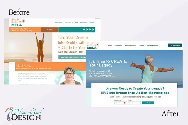 Side by side comparison of Kathy Mela's website before and after