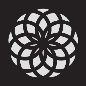 Sacred geometry pattern in black and white with interlocking petal shapes.