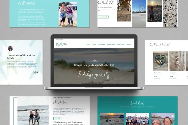Coastal-inspired eCommerce website mockup for Starfish Wishes, featuring beach-themed design elements, product listings, and photos. Created by Aligned Soul Design.