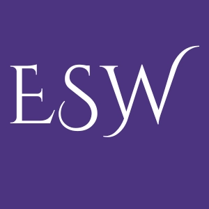 Monogram logo for ESW with white serif initials on a purple background.
