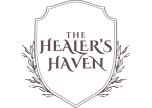 Shield-shaped emblem with ‘The Healer’s Haven’ text and decorative branches.
