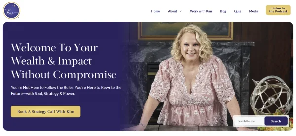 Website homepage for Kim Woods featuring a winter seasonal color palette with deep purple tones, high contrast text, and a polished, confident visual style.