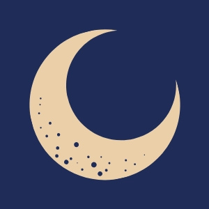 Crescent moon icon with dots, on a dark blue background.