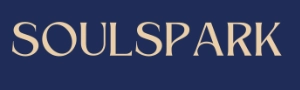 Wordmark logo for SoulSpark, a personal coaching brand, with bold serif letters in a warm peach color on a dark blue background.