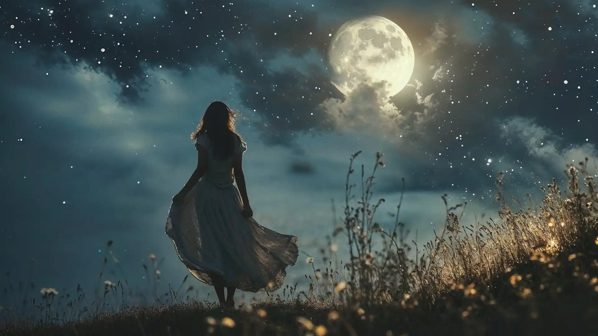 Silhouette of a woman in a moonlit meadow under a starry sky, evoking magic, mystery, and transformation.