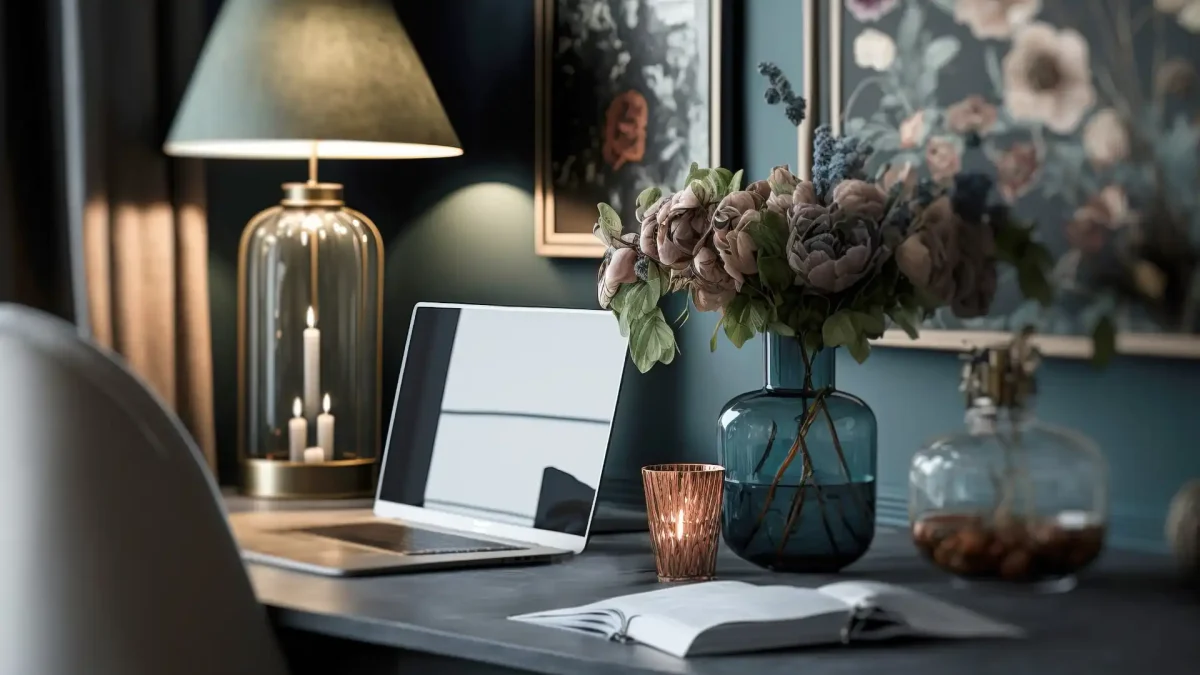 A serene desk setup featuring a laptop, an open notebook, and a vase of flowers, symbolizing the balance of creativity and strategy involved in mastering on-page SEO for spiritual websites.
