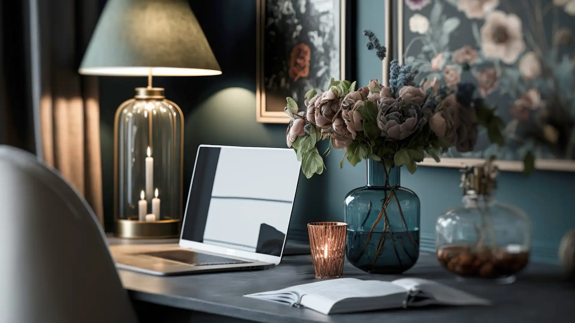 A serene desk setup featuring a laptop, an open notebook, and a vase of flowers, symbolizing the balance of creativity and strategy involved in mastering on-page SEO for spiritual websites.