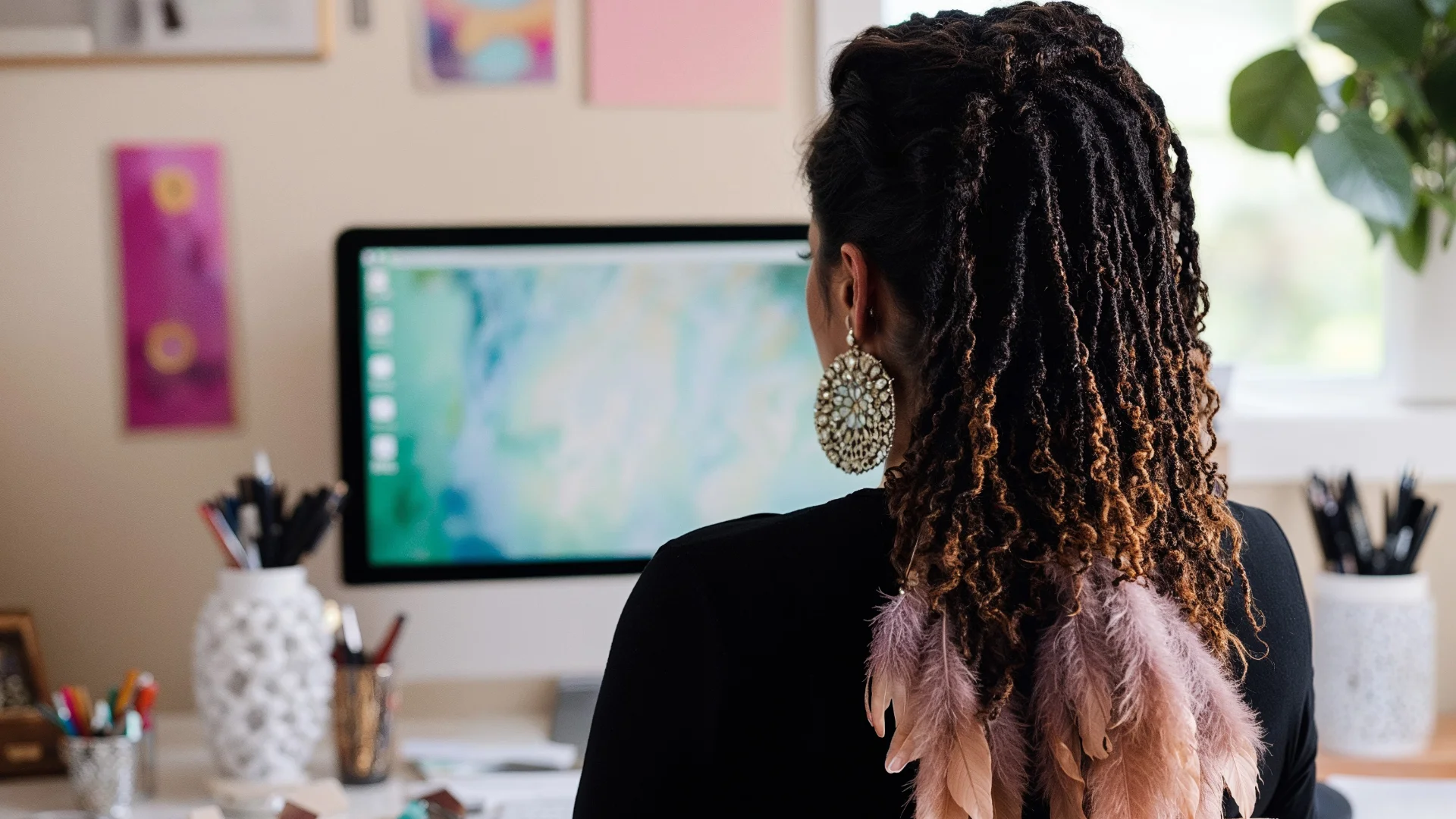 Back view of a woman with intricate braided hair adorned with pink feathers and wearing statement earrings, sitting at a desk with a blurred computer screen and colorful decor in the background.