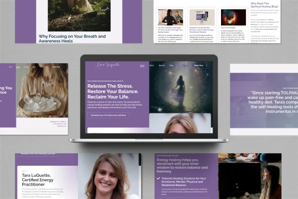 Portfolio collage of spiritual website design for healers – TOLPAKAN™ healing case study featuring Tara LuQuette’s site, branding, and content strategy.
