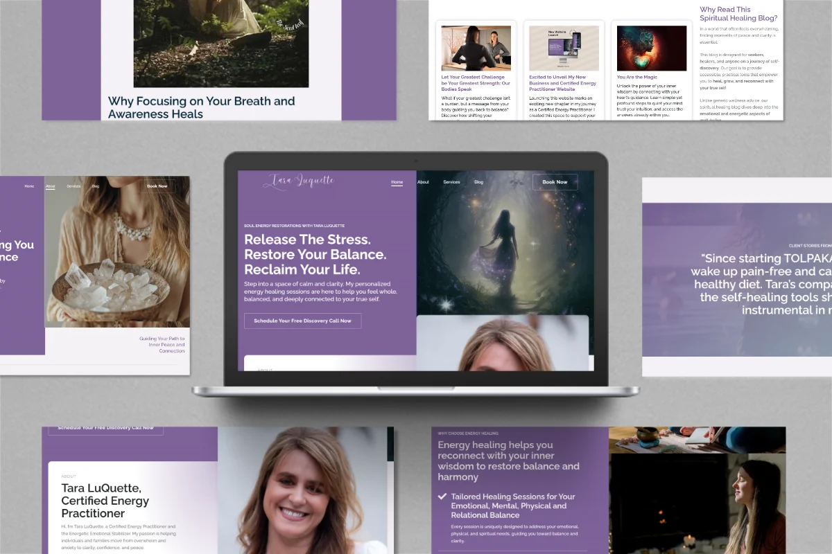 Portfolio collage of spiritual website design for healers – TOLPAKAN™ healing case study featuring Tara LuQuette’s site, branding, and content strategy.