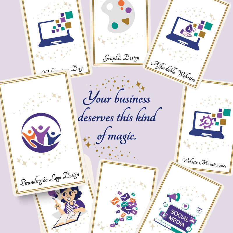 Aligned Soul Design Services Branding & Logo Design - A visual identity that reflects your soul-led business. Tarot-style card showing a logo of three abstract figures in a circle, symbolizing unity and brand identity.