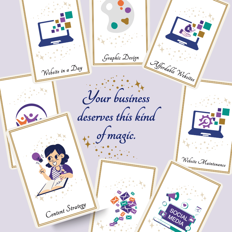 Aligned Soul Design Services Content Strategy - Clarify your message and share it with purpose. Tarot-style card with icons for planning, messaging, and analytics, symbolizing content strategy support.
