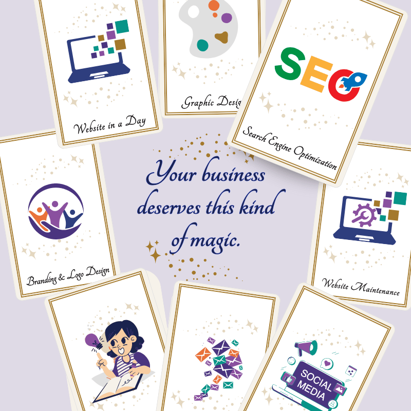 Aligned Soul Design Services SEO Tarot-style service cards around the phrase “Your business deserves this kind of magic,” featuring Search Engine Optimization and other spiritual business offerings.