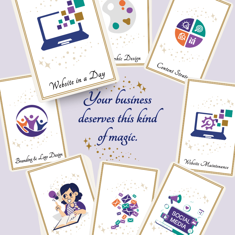 Aligned Soul Design Website in a Day – Custom, aligned websites created in just one day. Tarot-style card illustration featuring a laptop with cascading squares, symbolizing a fast, custom website build.