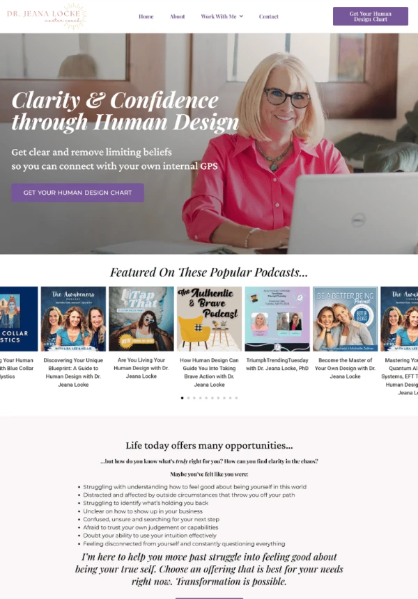 Website homepage for energy healer Dr. Jeana Locke, featuring Human Design courses and coaching offers.