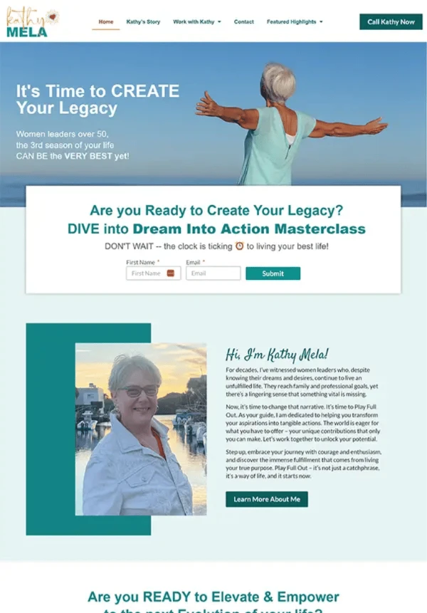 Empowerment website for Kathy Mela, a visionary guide helping women create their legacy.