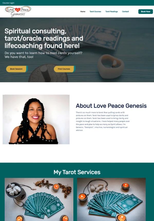 Tarot readings and spiritual consulting services featured on Love Peace Genesis’s homepage.