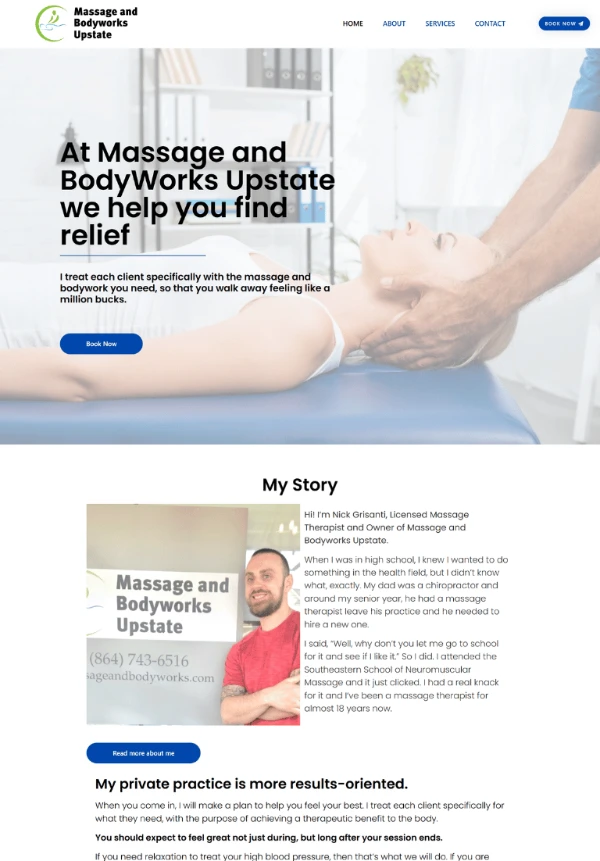 Clean, calm website for a massage therapist in Upstate New York, offering bodywork and relief.