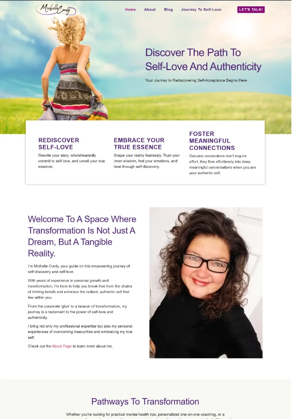 Life coaching homepage for Michelle Cordy, focused on self-love and transformation.