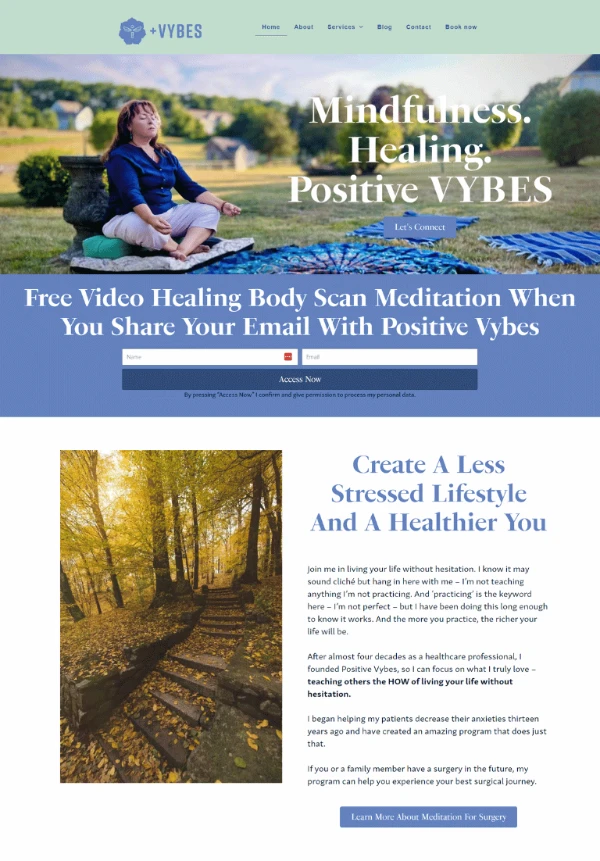 Mindfulness and body scan meditation website for Positive Vybes, a soul-centered wellness brand.