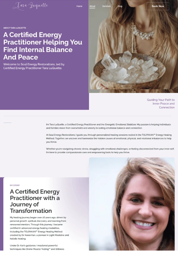 Crystals and healing services featured on Tara LuQuette's energy practitioner website.