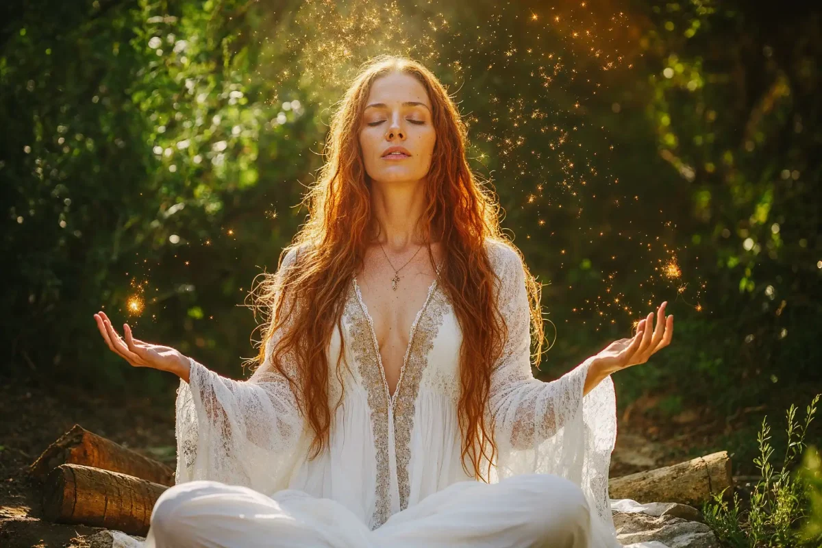 Woman meditating outdoors with golden light energy surrounding her hands, representing soul-aligned client attraction and energetic presence