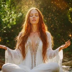 Woman meditating outdoors with golden light energy surrounding her hands, representing soul-aligned client attraction and energetic presence
