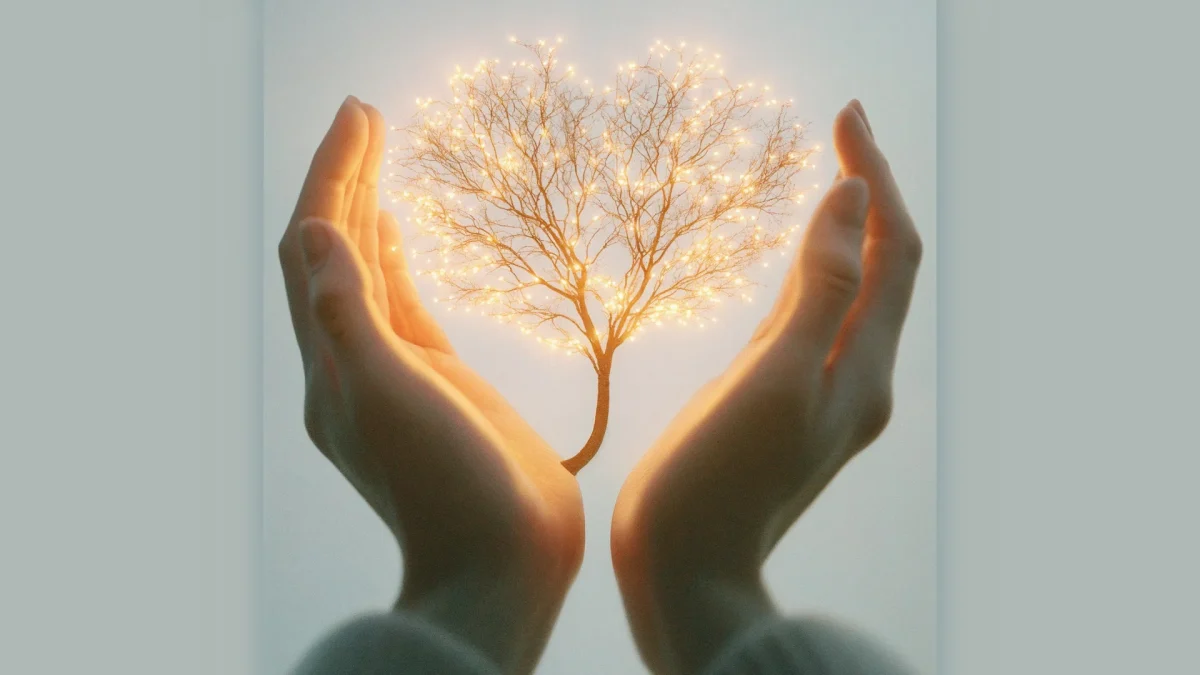 Hands gently holding a glowing heart-shaped tree symbolizing energetic boundaries and spiritual alignment