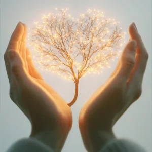 Hands gently holding a glowing heart-shaped tree symbolizing energetic boundaries and spiritual alignment