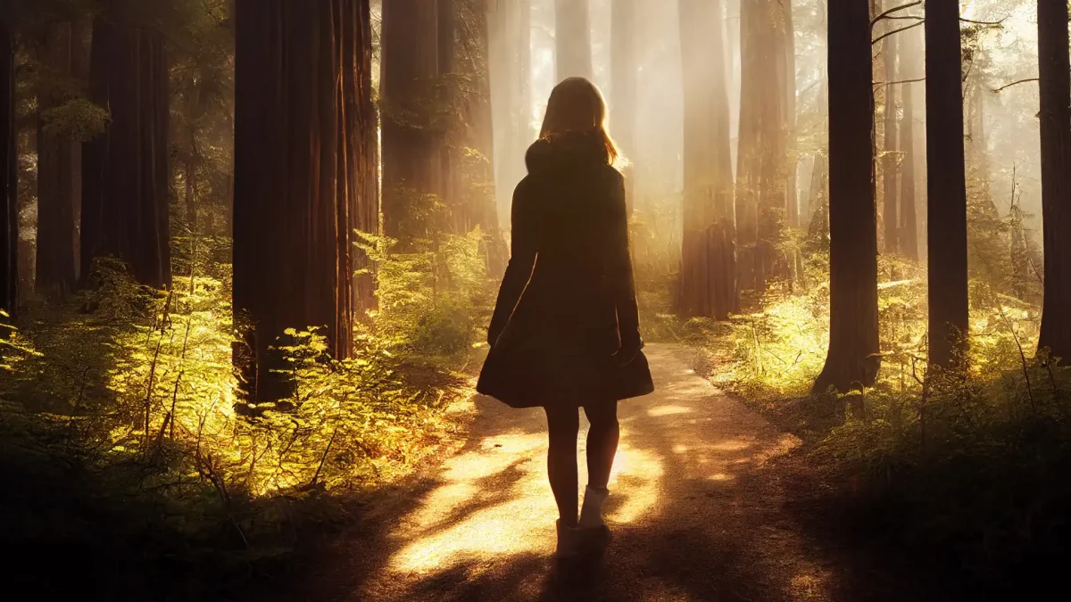 Woman walking alone through a sunlit forest path, surrounded by tall trees and golden morning light, symbolizing introspection, healing, and a return to self.