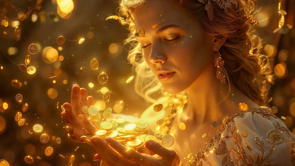 A radiant woman with golden curls and embroidered clothing holds glowing coins in her hands, surrounded by golden light and sparkles — symbolizing divine abundance, the sacred feminine, and the new era of wealth.