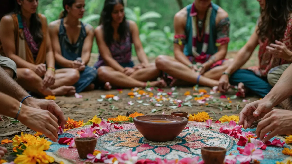 A diverse group of people sitting in a sacred circle on the ground, placing colorful flower petals around a mandala made of natural materials, symbolizing ritual, community, and intentional creation.