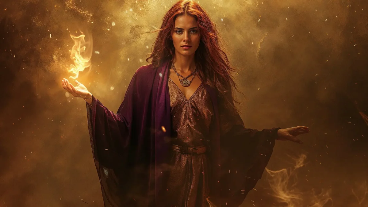 A powerful woman stands in golden light, holding fire in one hand and cloaked in deep plum robes — embodying sacred feminine leadership and the new paradigm of embodied power.
