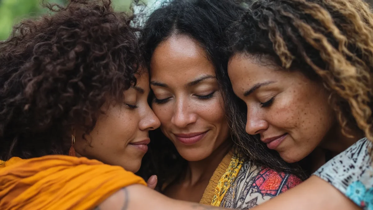 Three women embracing with eyes closed, smiling gently in a moment of connection and support — symbolizing women supporting women in business.