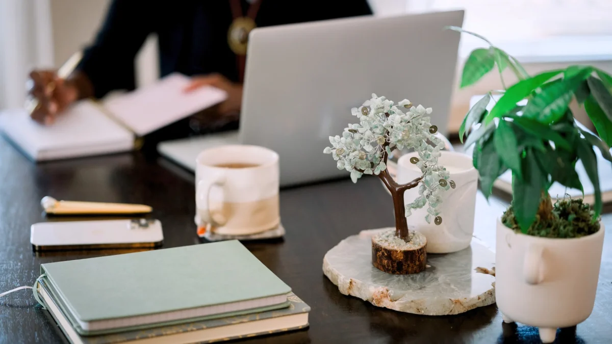 A cozy workspace featuring a laptop, notebooks, coffee mugs, and a gemstone money tree on a wooden desk, with a person writing in the background.