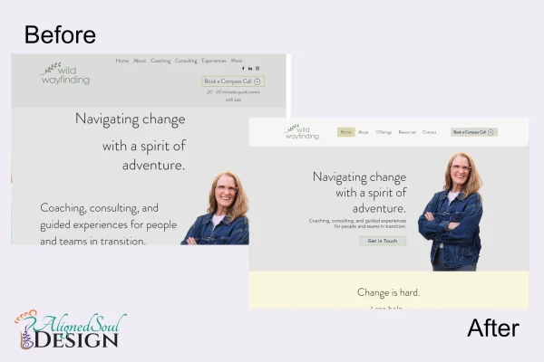 Side-by-side comparison of the Wild Wayfinding website header before and after a website audit. The "Before" version has a minimal header and sparse design. The "After" version shows improved layout with clearer navigation, updated fonts, refined button styling, and a more cohesive, professional look.