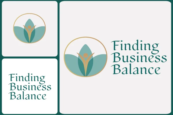 Logo variations for Finding Business Balance, including the full-color icon, wordmark, and primary logo lockup. The design features soft greens and gold tones with a calming, wellness-inspired aesthetic.