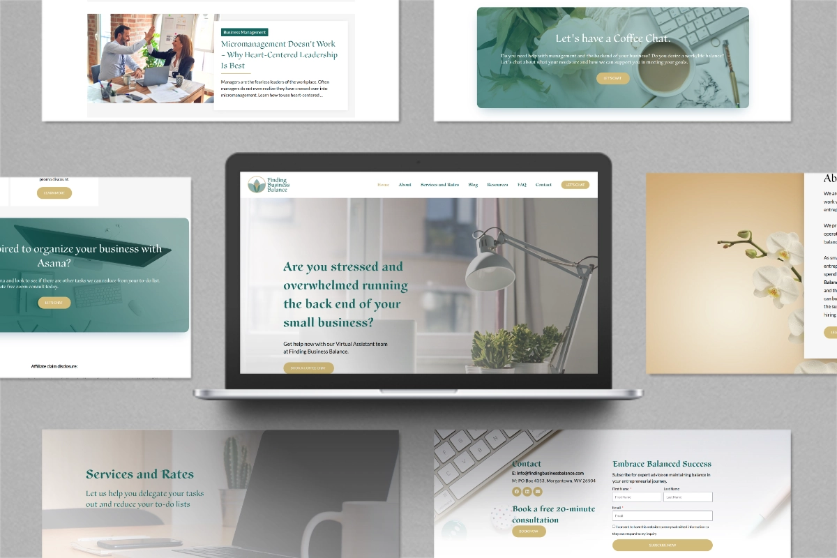 Collage of the Finding Business Balance website, featuring a calming, wellness-inspired design with soft greens and neutrals, shown on a laptop and supporting brand visuals.